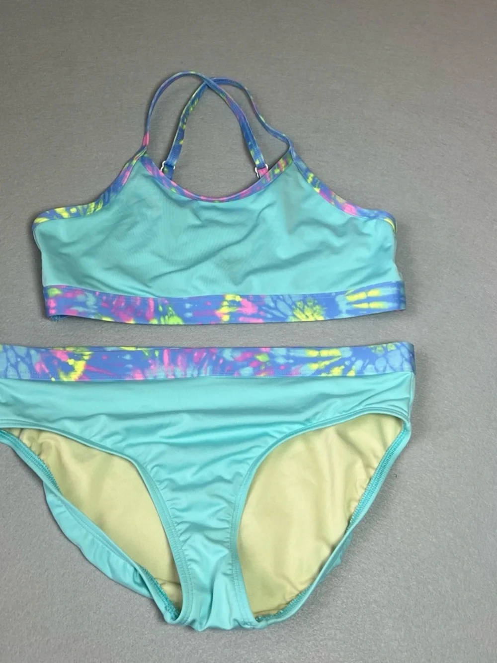 Lands' End Aqua Bikini with Multicolor Tie-Dye Trim